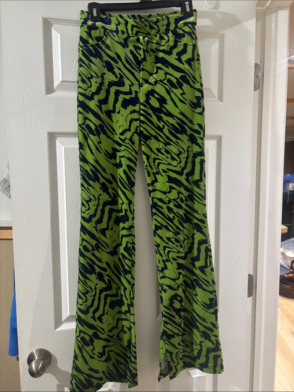Zara Green and Navy Abstract Zebra Print Wide-Leg Pants